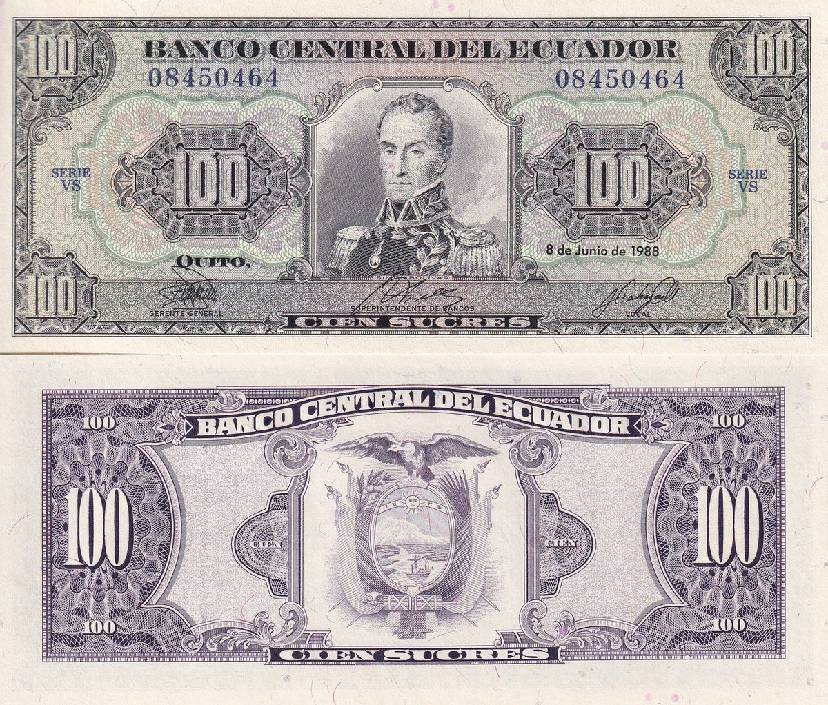 Ecuador 100 Sucres 1988 P 123Aa UNC , Simon Bolívar Arms , issued note