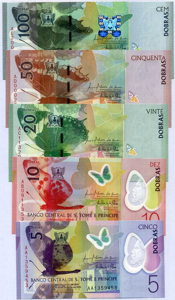 Saint Thomas & Prince Set 5 UNC 5 10 20 50 100 Dobras 2016 P 70 - 74 Sao Tome