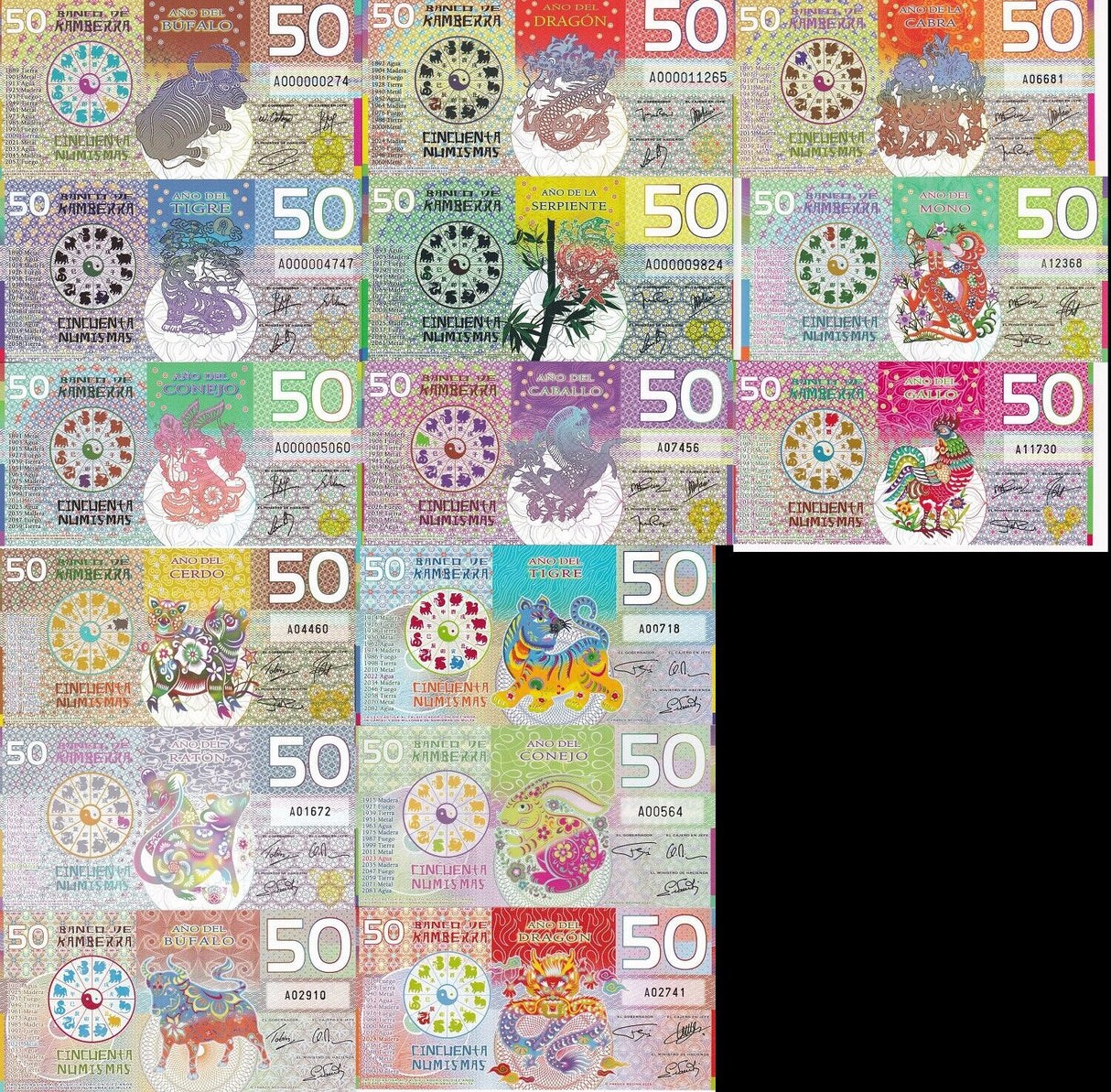 Kamberra Set 15 Polymer 50 Numismas 2009-2024 Chinese Zodiac Lunar Calendar