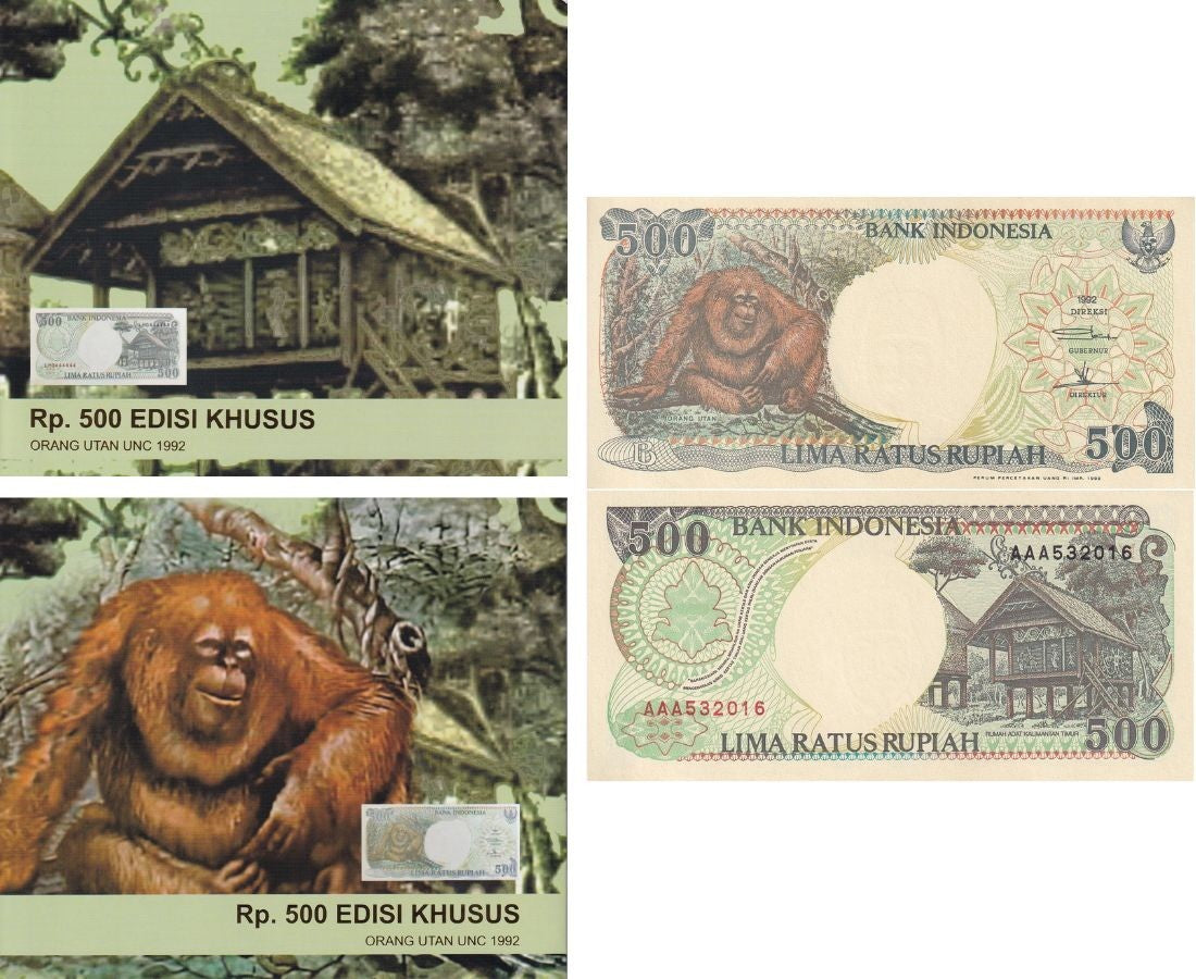 Indonesia 500 Rupiah 1992 / Random year P 128 AAA Prefix Monkey with Folder