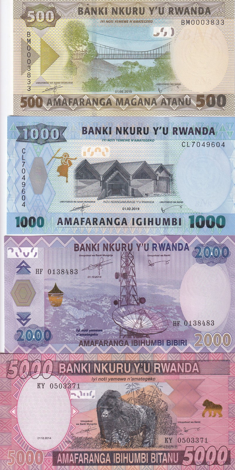Rwanda Set 4 UNC 500 1000 2000 5000 Francs 2014 - 2019 P 39 40 41 42 UNC