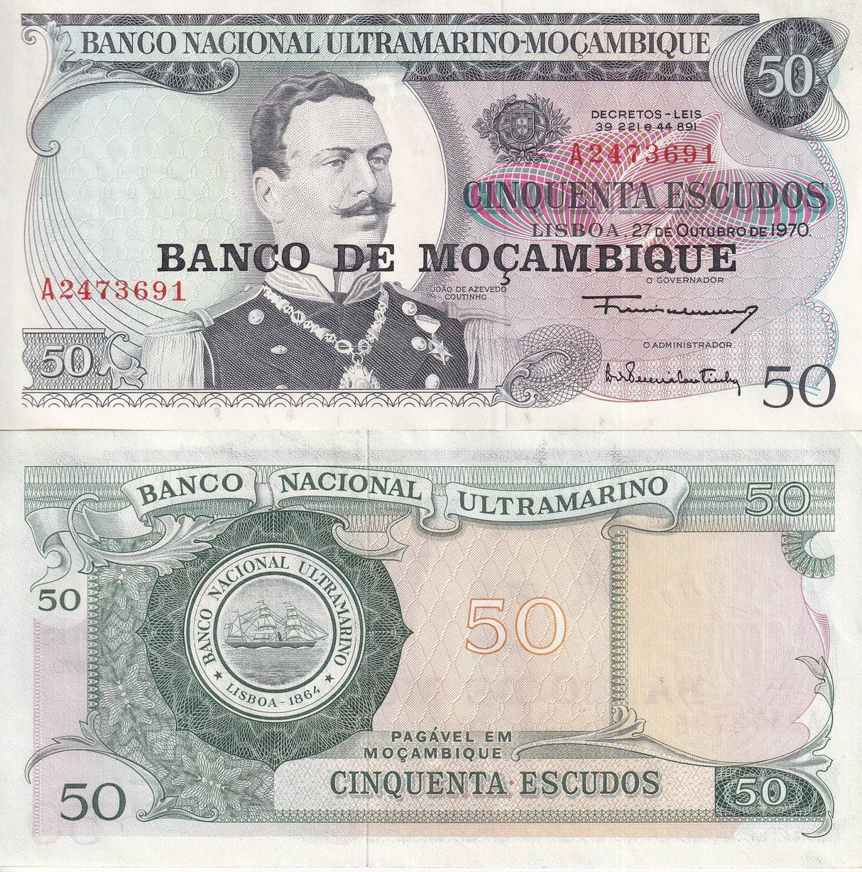 Mozambique 50 Escudos 1970 (1976) P 116 UNC ,Joao de Azevedo Coutinho