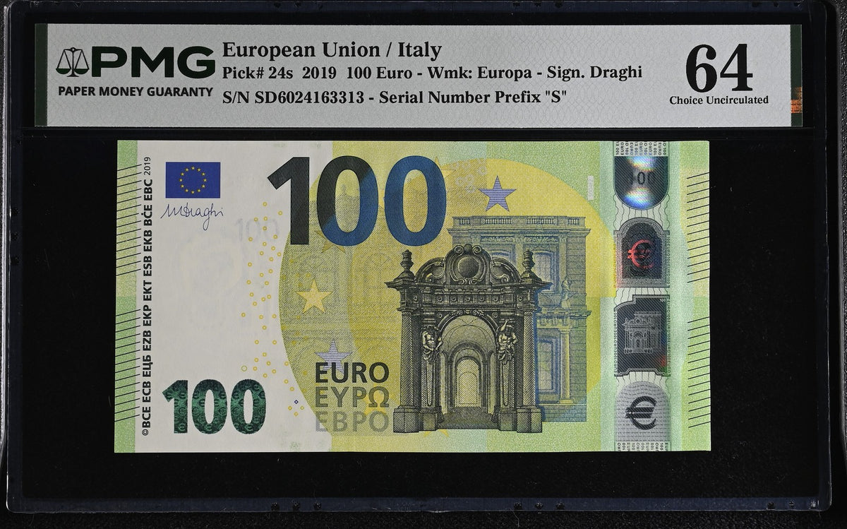 Euro 100 Euro Italy 2019 P 24 s Choice UNC PMG 64 , Graded Note
