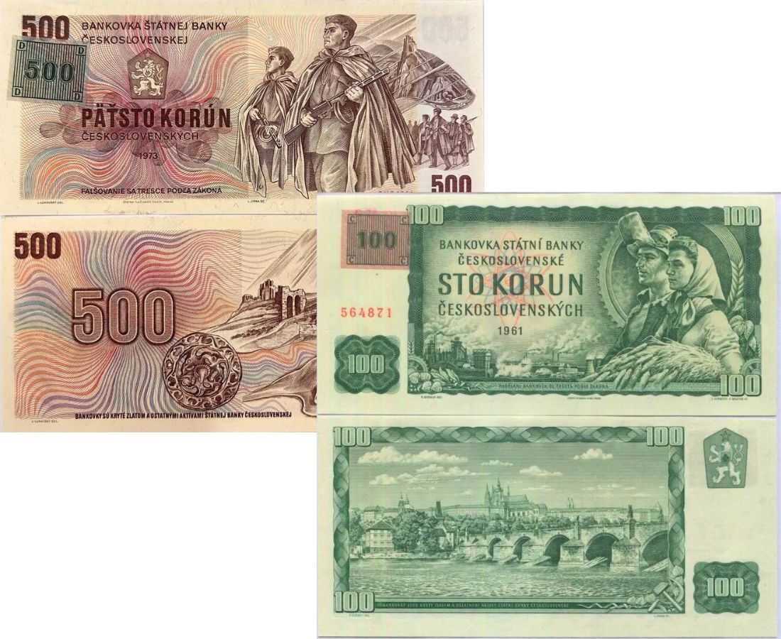 Czechoslovakia Set 2 PCS 100 500 Korun 1961 1973/1961 P 1 P 2 UNC