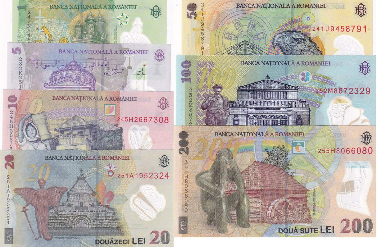 Romania Set 7 Unc 1 5 10 20 50 100 200 Lei 2023 - 2025 P 117 118-122 Polymer