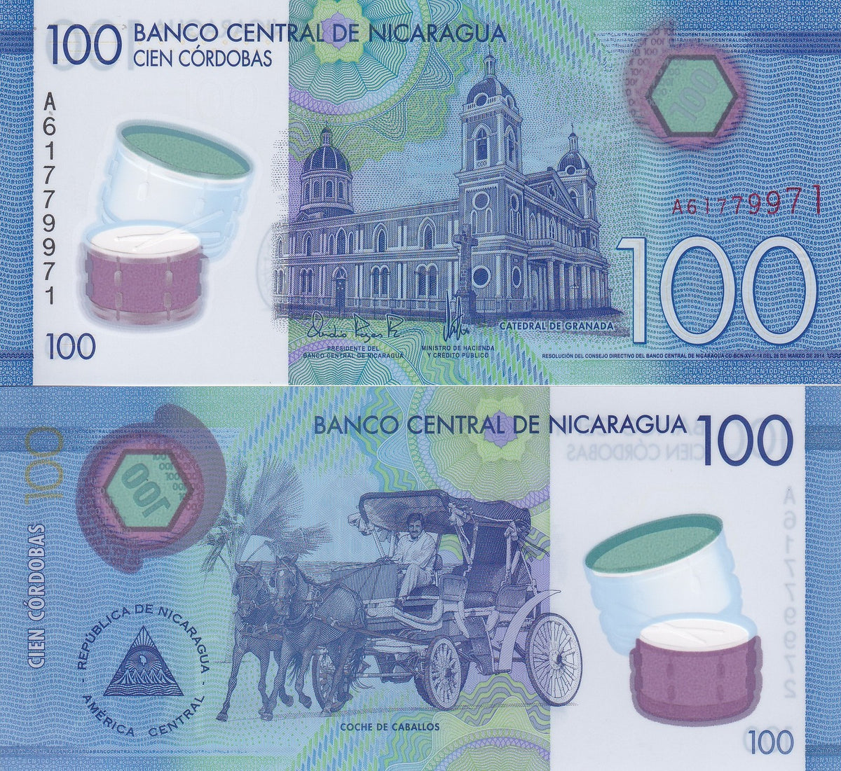 Nicaragua 100 Cordobas 2014/2015 Polymer P 212 UNC ,Cathedral of Granada