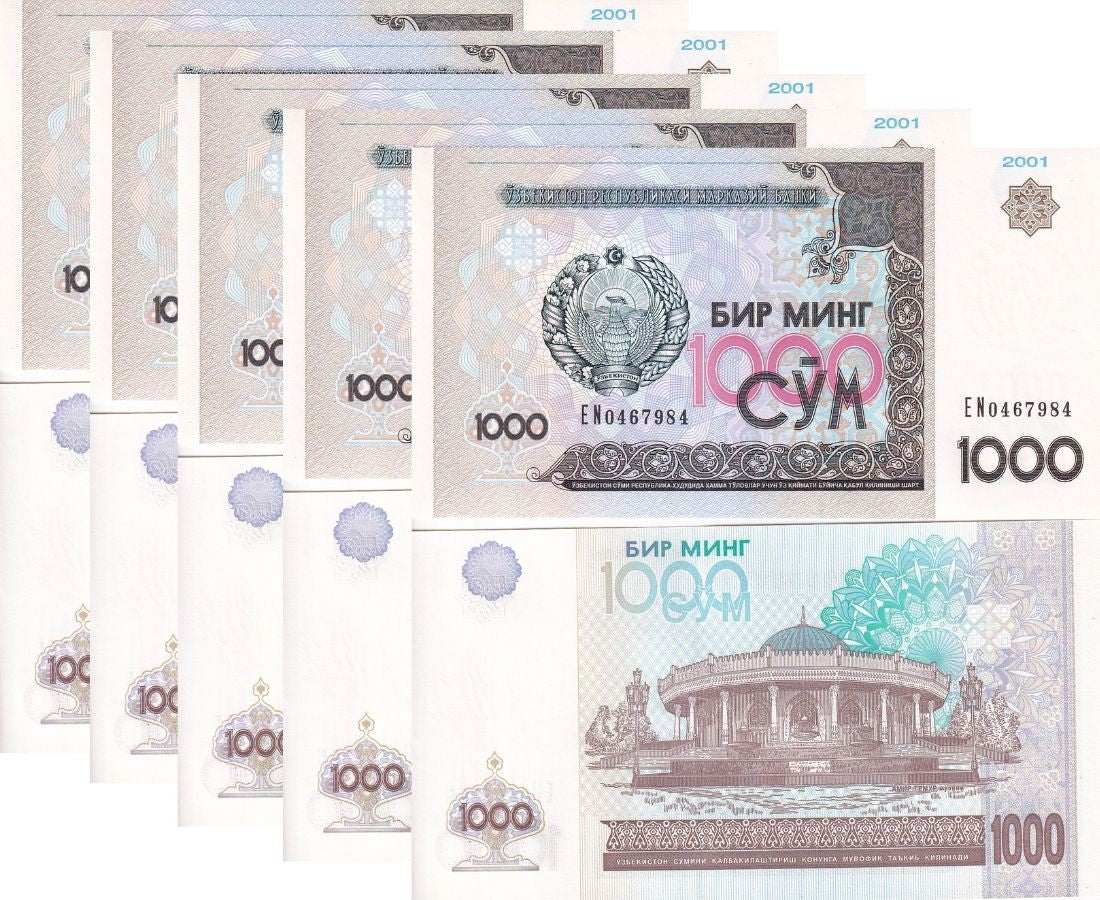 Uzbekistan 1000 Sum 2001 P 82 UNC LOT 5 PCS Cyrillic Script Tashkent