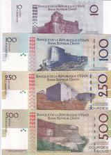 Haiti Set 4 UNC 10 100 250 500 Gourde 2004 2010 2021 P 272 275 276 277