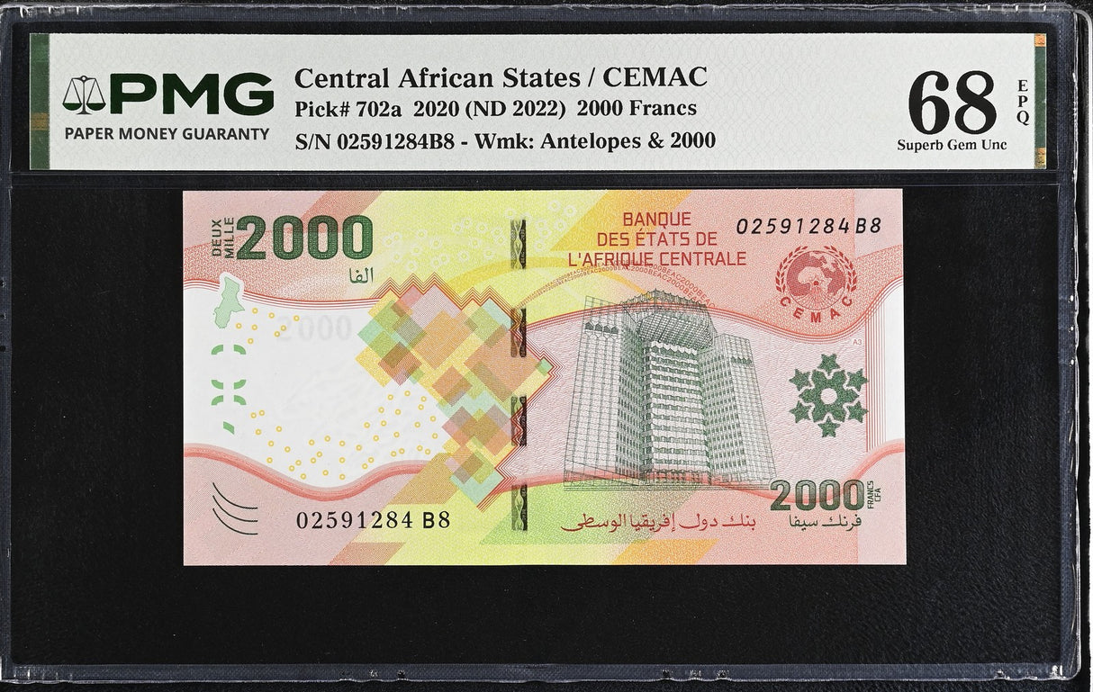 Central African States 2000 Francs 2020 ND 2022 P 702a Superb Gem UNC PMG 68 EPQ