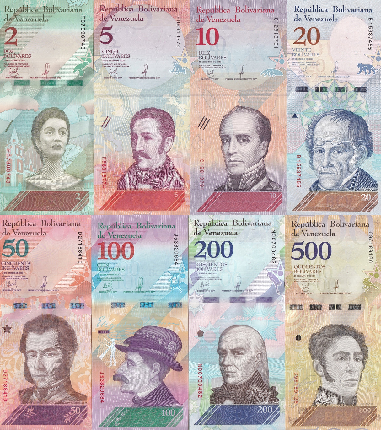 Venezuela Set 8 UNC 2 5 10 20 50 200 500 Soberanos 2018 P 101 102 103 104 - 108