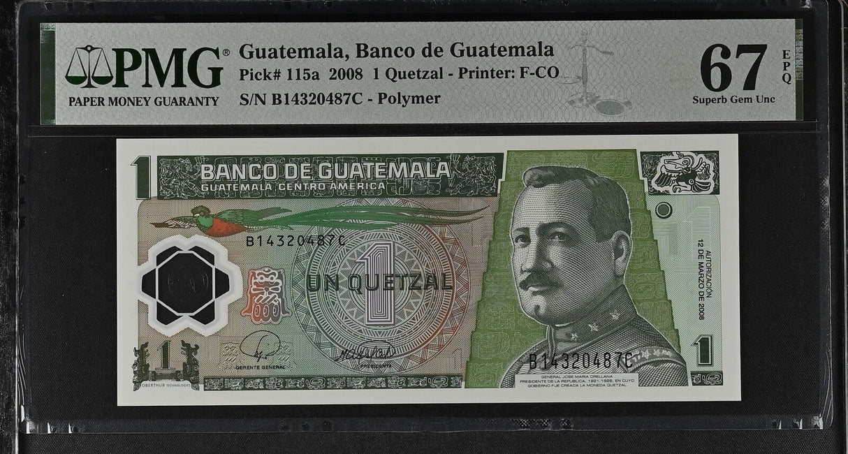 Guatemala 1 Quetzal 2008 P 115 a Polymer Superb Gem UNC PMG 67 EPQ