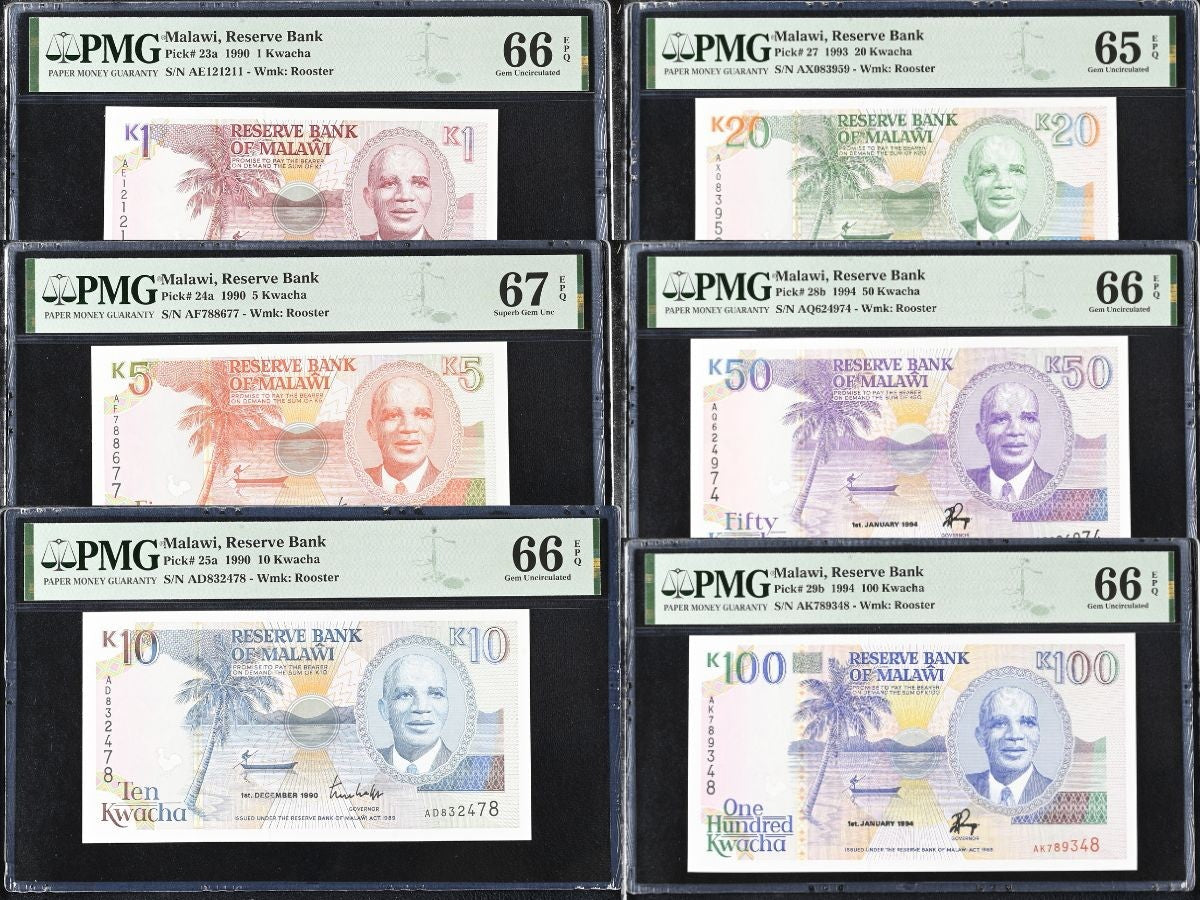 Malawi SET 6 1 5 10 20 50 100 Kwacha 1990-1994 P 23 -28 29 Gem UNC PMG 66 67 EPQ
