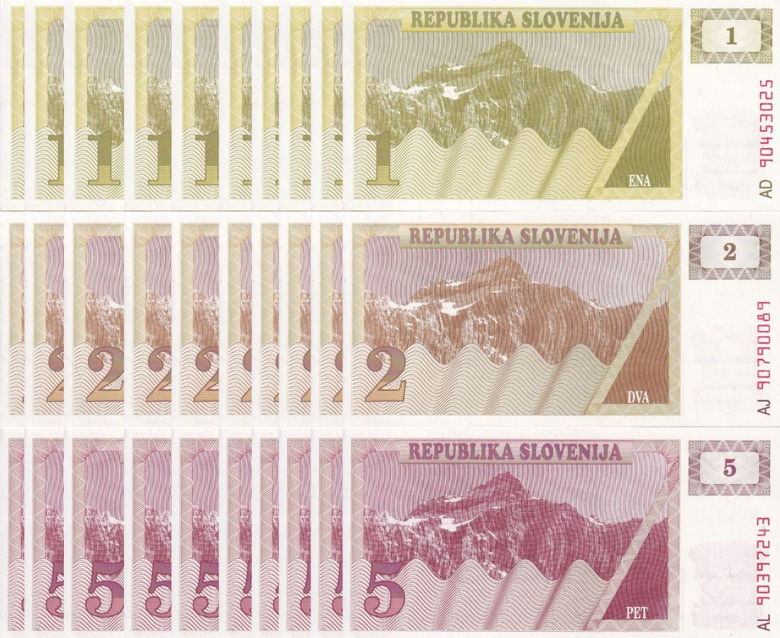 Slovenia Set 3 x Lot 10 = 30 Pcs 1 2 5 Tolarjev 1990 P 1 2 3 UNC