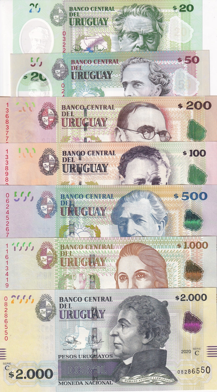 Uruguay Set 7 UNC 20 50 100 200-2000 Pesos Random Year P 93 94 95 96 97 98 99