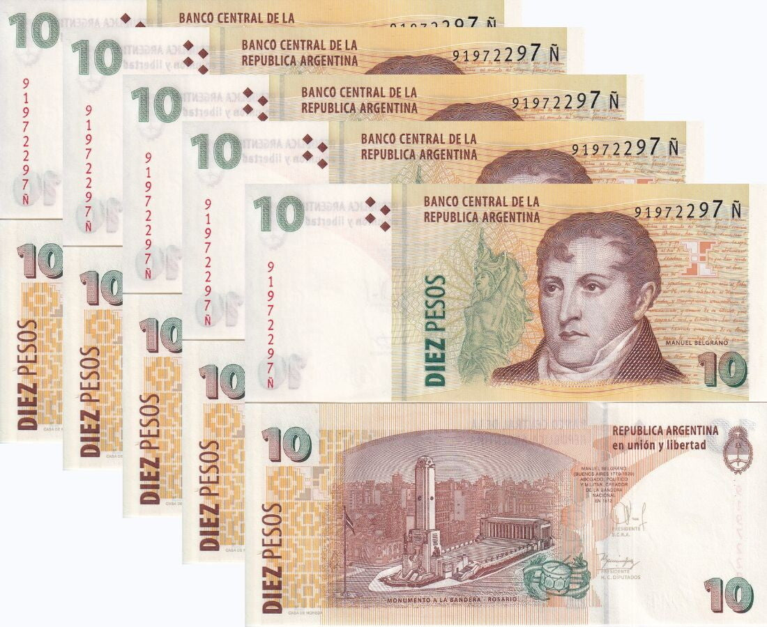 Argentina 10 Pesos ND 2012 P 354 Mixed Suffix UNC LOT 5 PCS
