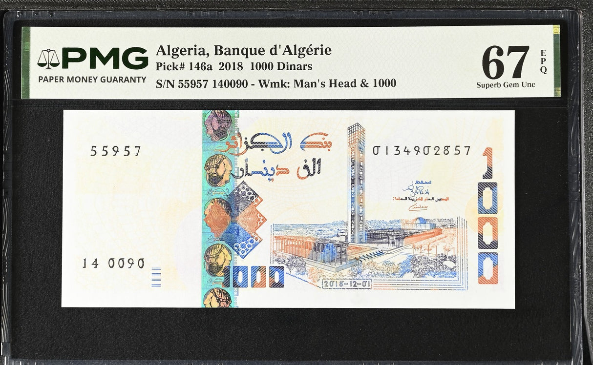 Algeria 1000 Dinars 2018 P 146 a Superb Gem UNC PMG 67 EPQ WTM Man's Head