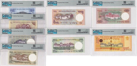 Bhutan Set 8; 1-100 500 1000 Ngultrum 2006-21 P 27- 34 Gem UNC PMG 66 67 EPQ