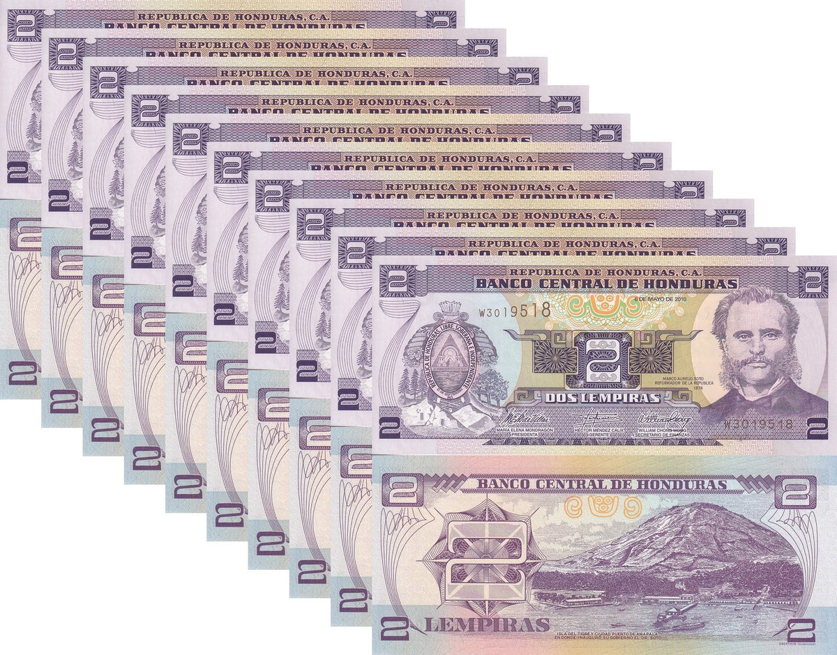 Honduras 2 Lempiras 2010 P 80Ah UNC LOT 10 PCS Arms, Marco Aurelio Soto
