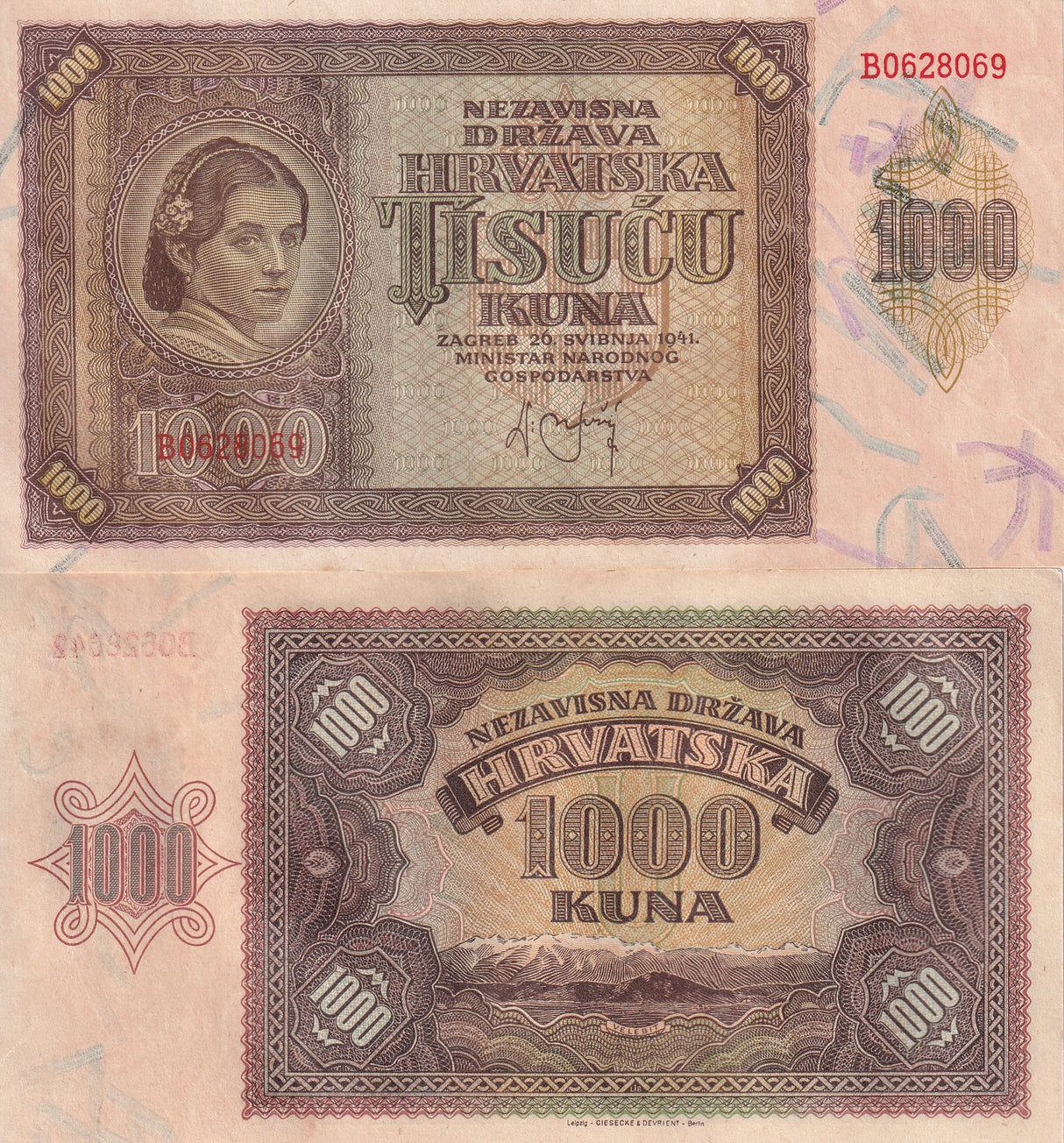 Croatia 1000 Kuna 1941 P 4 a AU-UNC