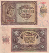 Croatia 1000 Kuna 1941 P 4 a AU-UNC