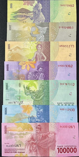 Indonesia Set 7 UNC 1000 2000 5000 10000 20000 50000 100K Random Date P 154-160