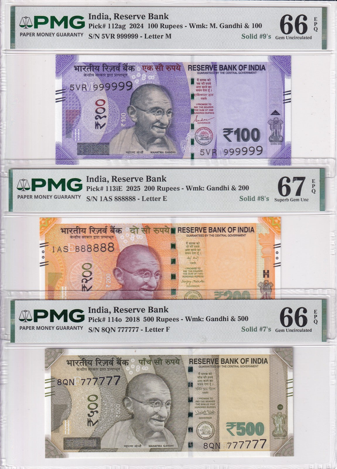 India Set 3;100 200 500 Rupees 2018-25 Solid 7 8 9 Superb Gem UNC PMG 66 67 EPQ