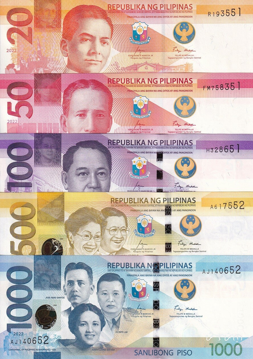 Philippines Set 5 UNC 20 50 100 500 1000 Random Years P 230 231 232 233 - 235