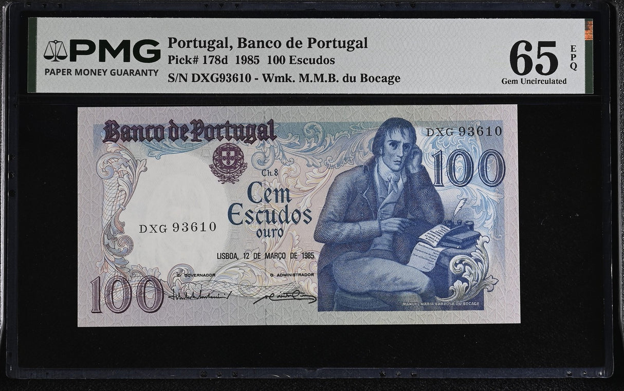 Portugal 100 Escudos 1985 P 178 d Gem UNC PMG 65 EPQ ,WTM M.M.B. du Bocage