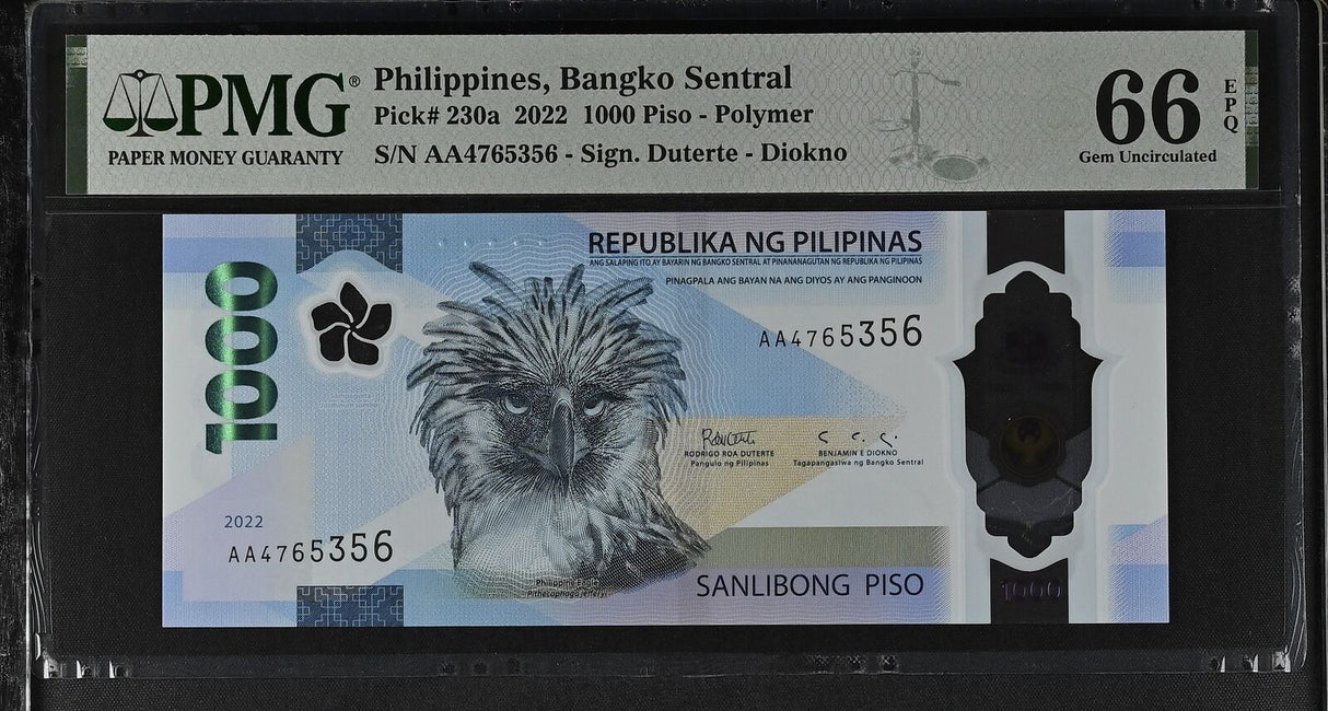 Philippines 1000 Piso 2022 P 230 a AA Prefix Gem UNC PMG 66 EPQ
