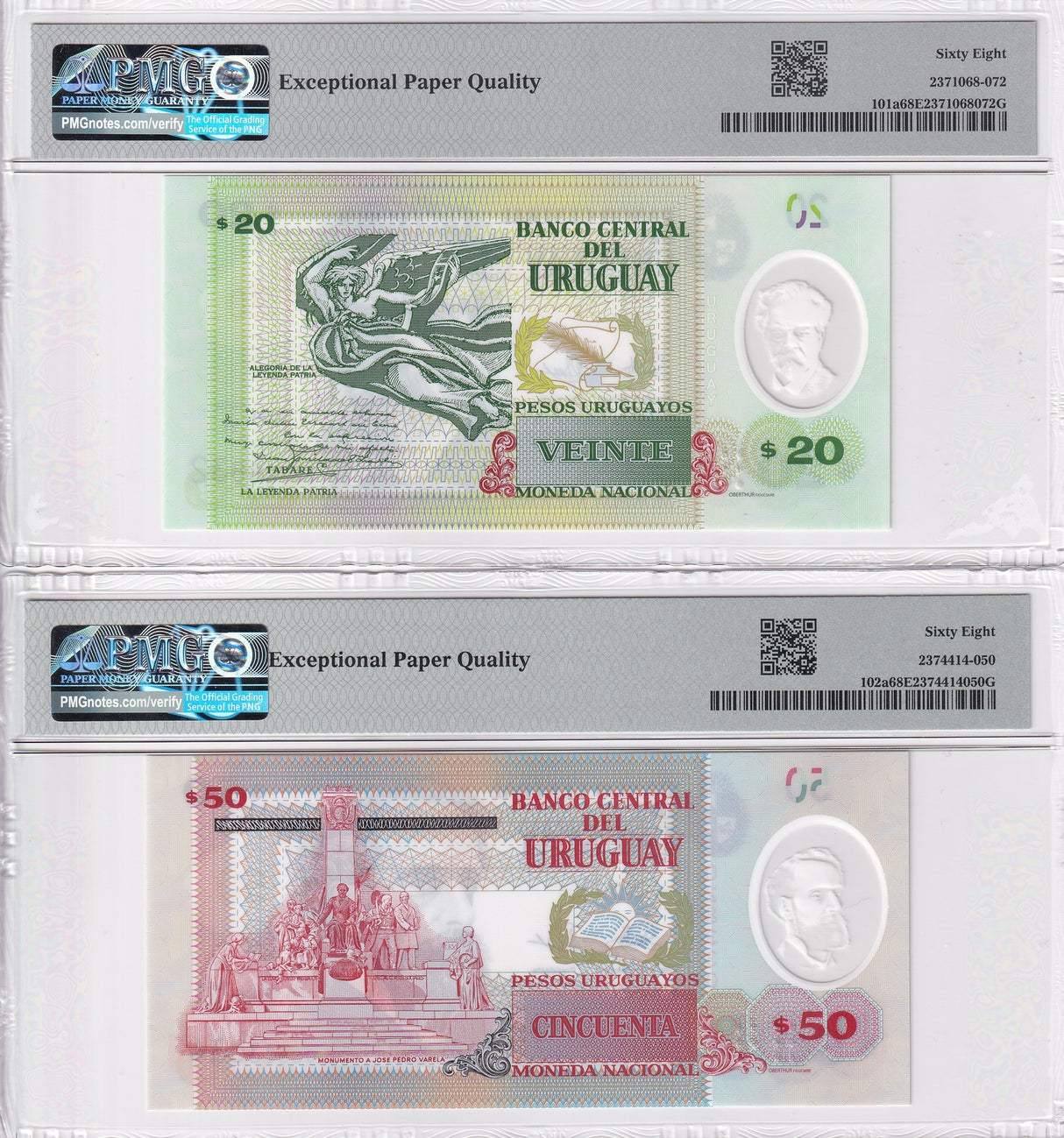 Uruguay Set 2; 20 50 Pesos 2020 P 101 P 102 Superb Gem UNC PMG 68 EPQ