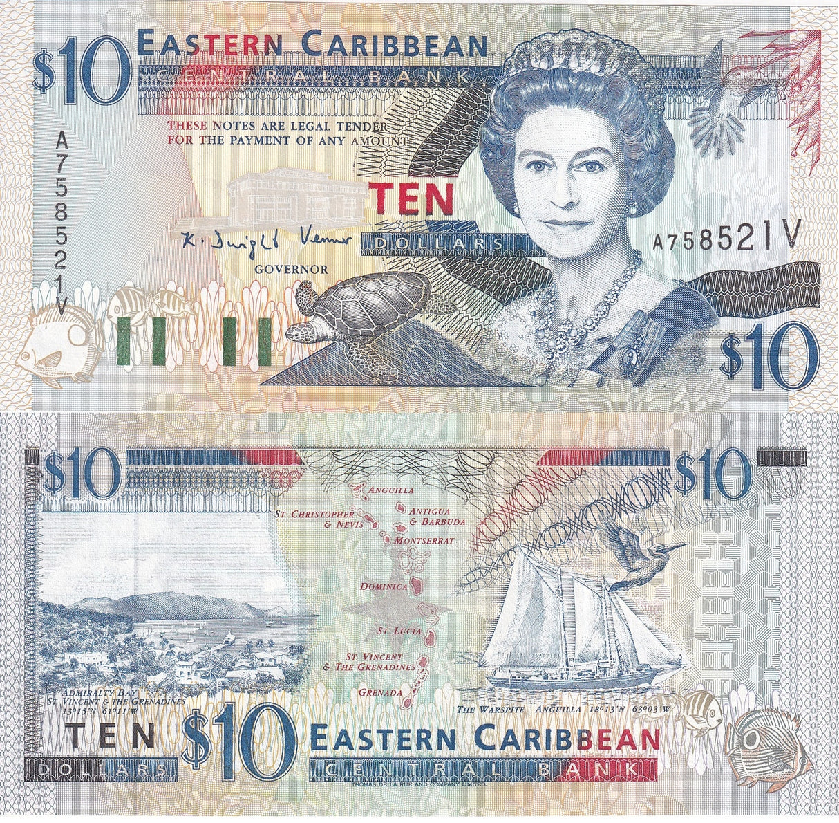 East Caribbean 10 Dollars ND 1994 P 32 v St. Vincent UNC ,Admiralty Bay Warspite