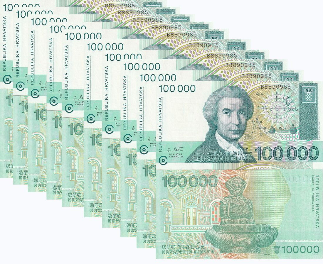 Croatia 100000 Dinara 1993 P 27 UNC LOT 10 PCS , Boskovic, geometrical drawings