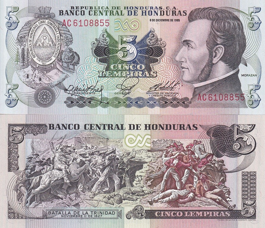 Honduras 5 Lempiras 1985 P 63 b UNC ,Jose Francisco Morazan Quezada