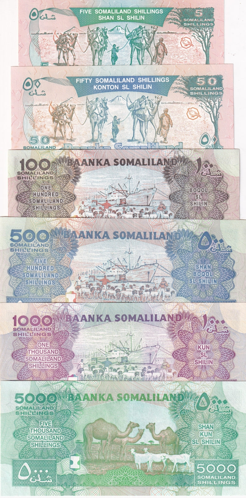 Somaliland Set 6 Pcs 5 50 100 500 1000 5000 Shillings 1994-2015 P 1 5 7-21 UNC