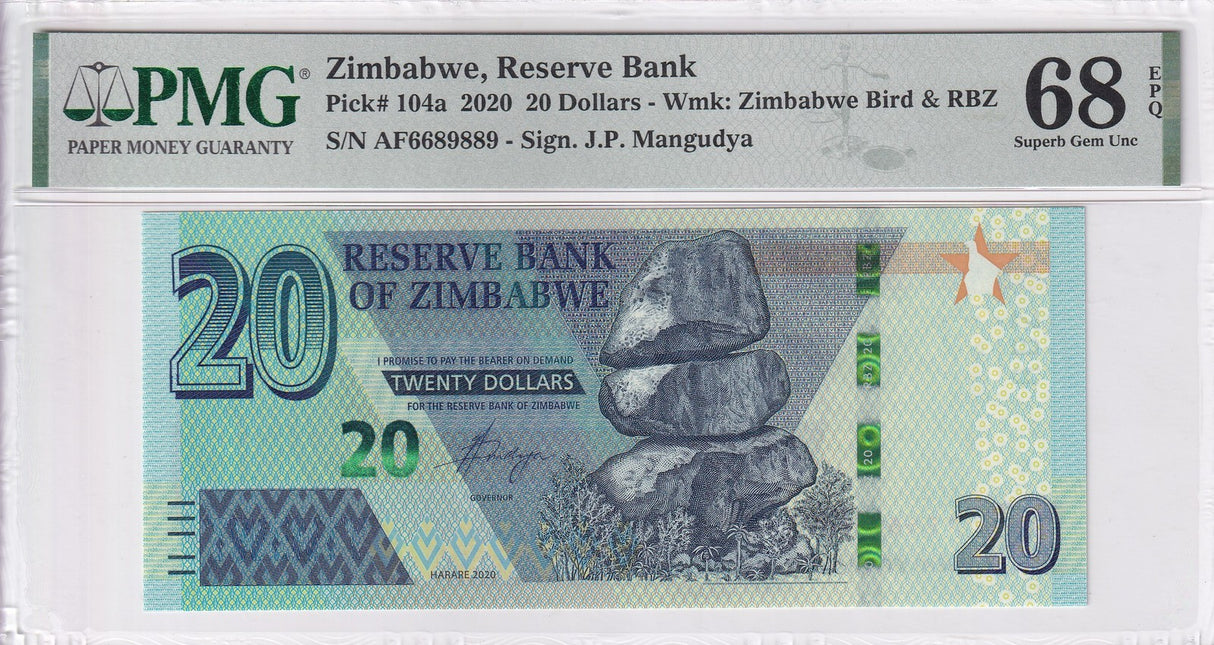 Zimbabwe 20 Dollars 2020 P 104 a Supreb Gem UNC PMG 68 EPQ