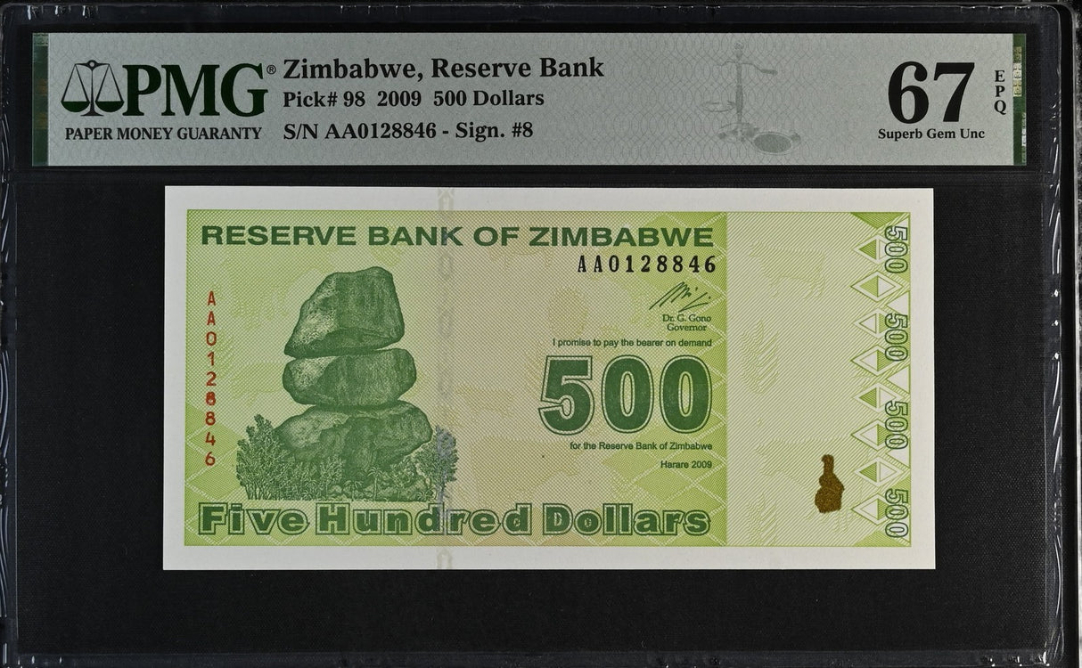 Zimbabwe 500 Dollars 2009 P 98 Superb Gem UNC PMG 67 EPQ