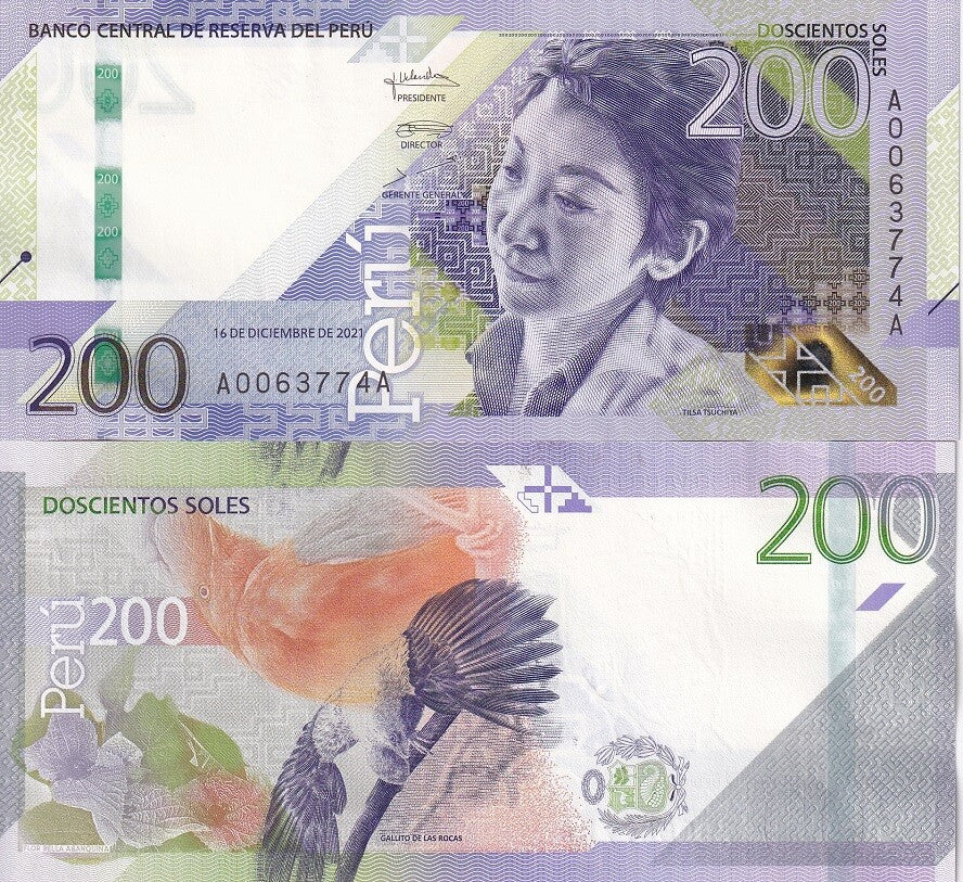 Peru 200 Soles 2021 P 200 Gallito De las Rocas Bird UNC ,Flor Bella Abanquina