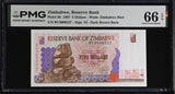 Zimbabwe 5 Dollars 1997 P 5 b Gem UNC PMG 66 EPQ , WTM Zimbabwe Bird