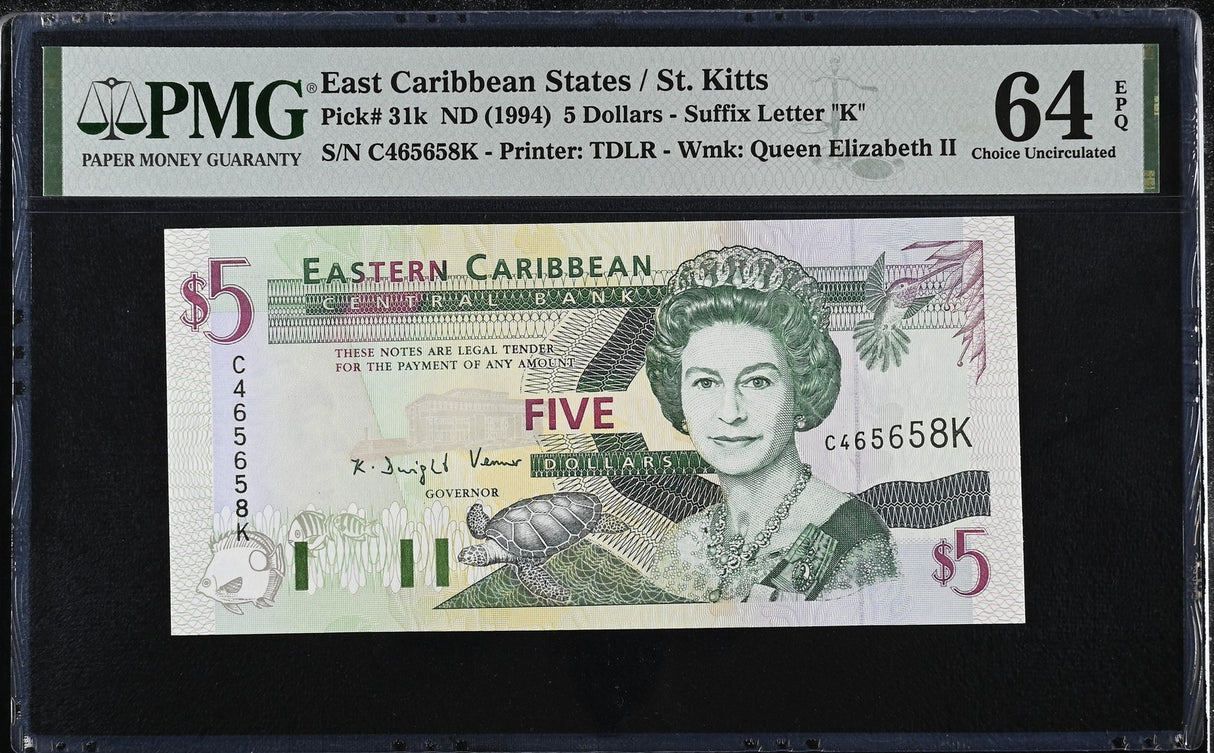 East Caribbean 5 Dollars ND 1994 P 31 k Choice UNC PMG 64 EPQ