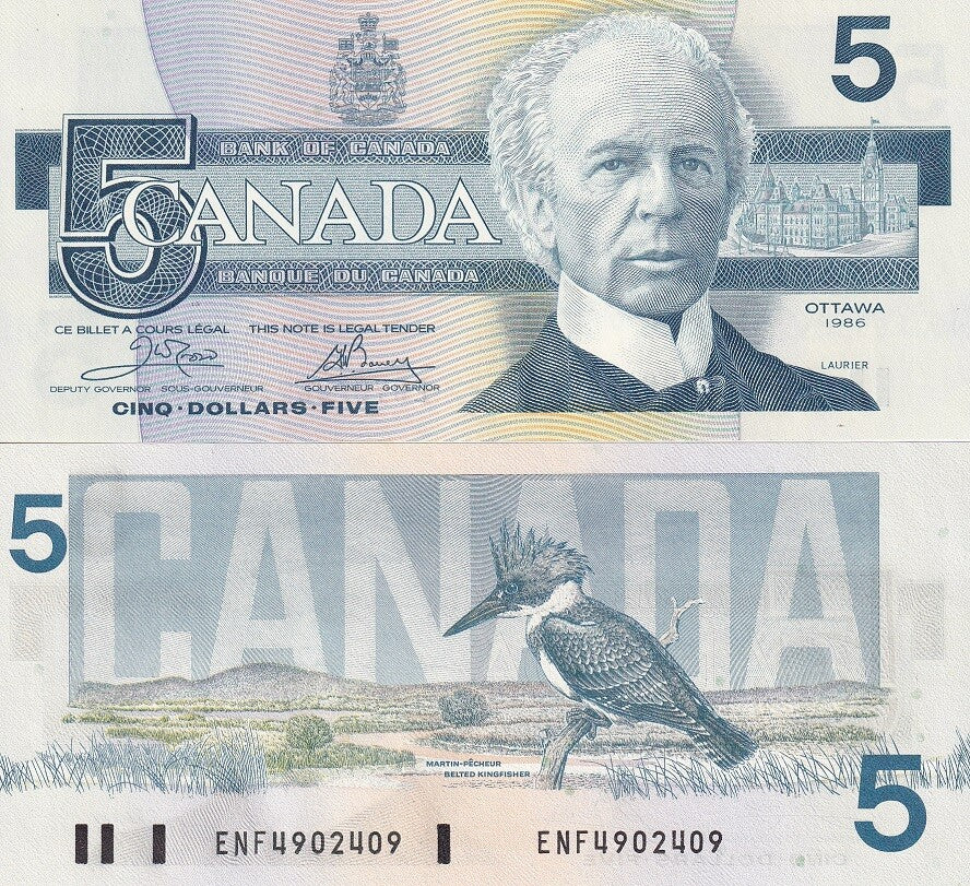 Canada 5 Dollars 1986 Sign Crow & Bouey P 95 a UNC , Kingfisher