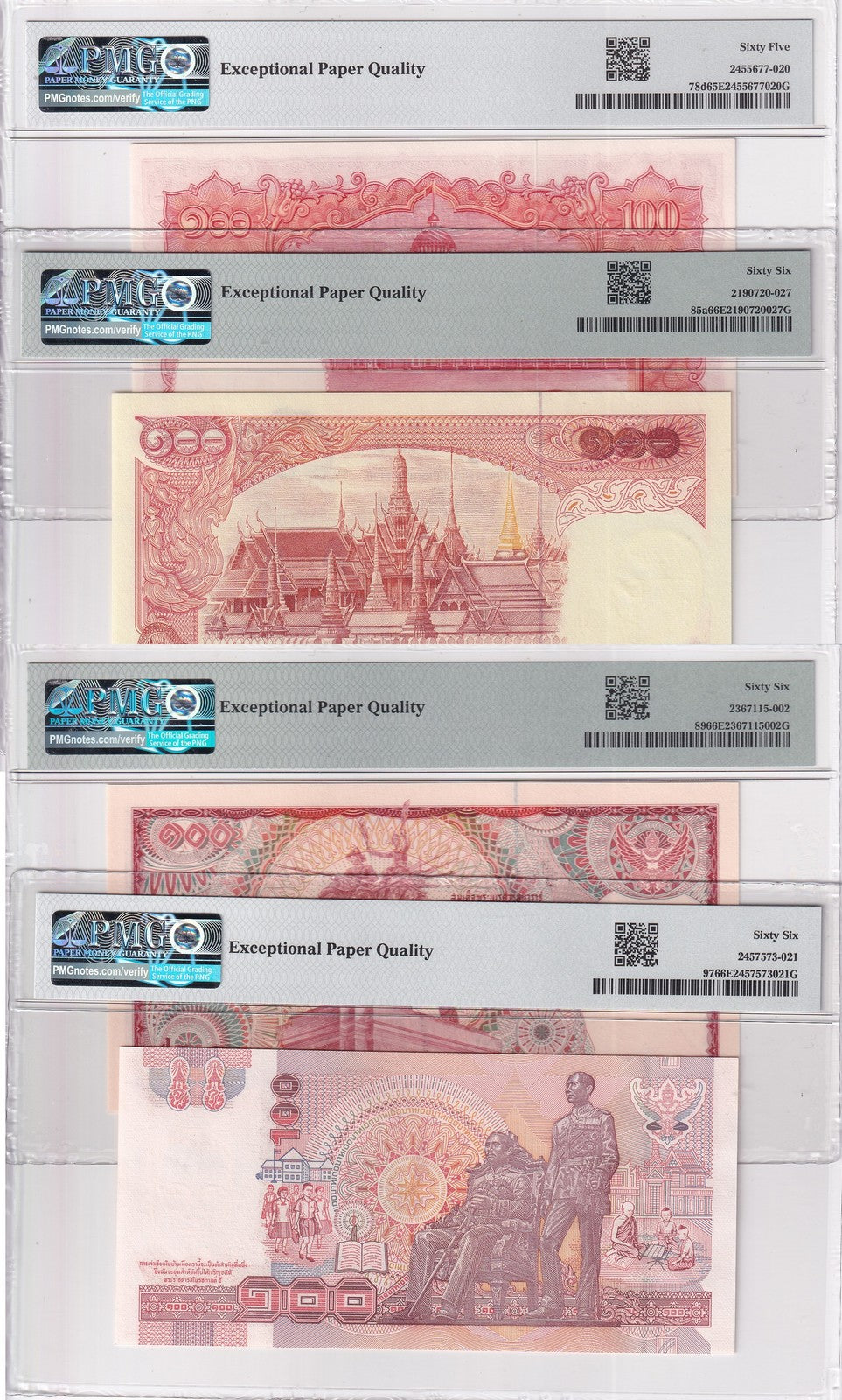 Thailand Set 4; 100 Baht ND 1955-1978 P 78 P 85 P 89 P 97 Gem UNC PMG 66 EPQ