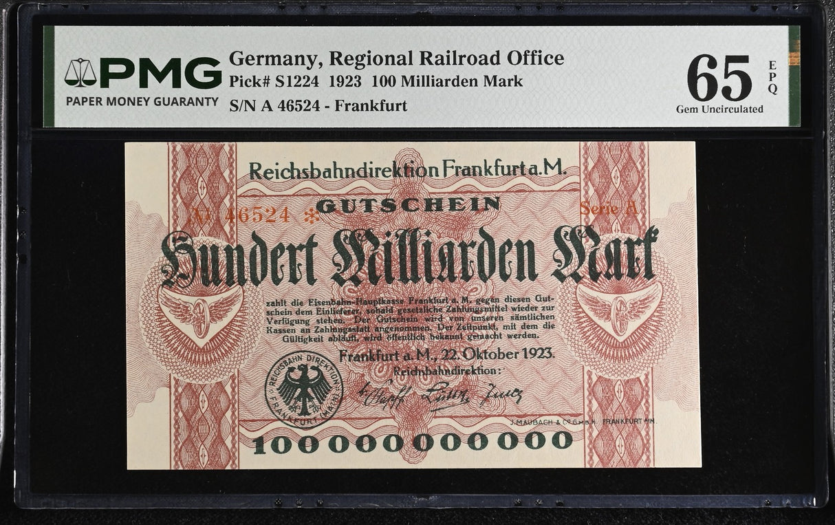 Germany 100 Milliarden Mark 1923 P S1224 Gem UNC PMG 65 EPQ Regional Railroad