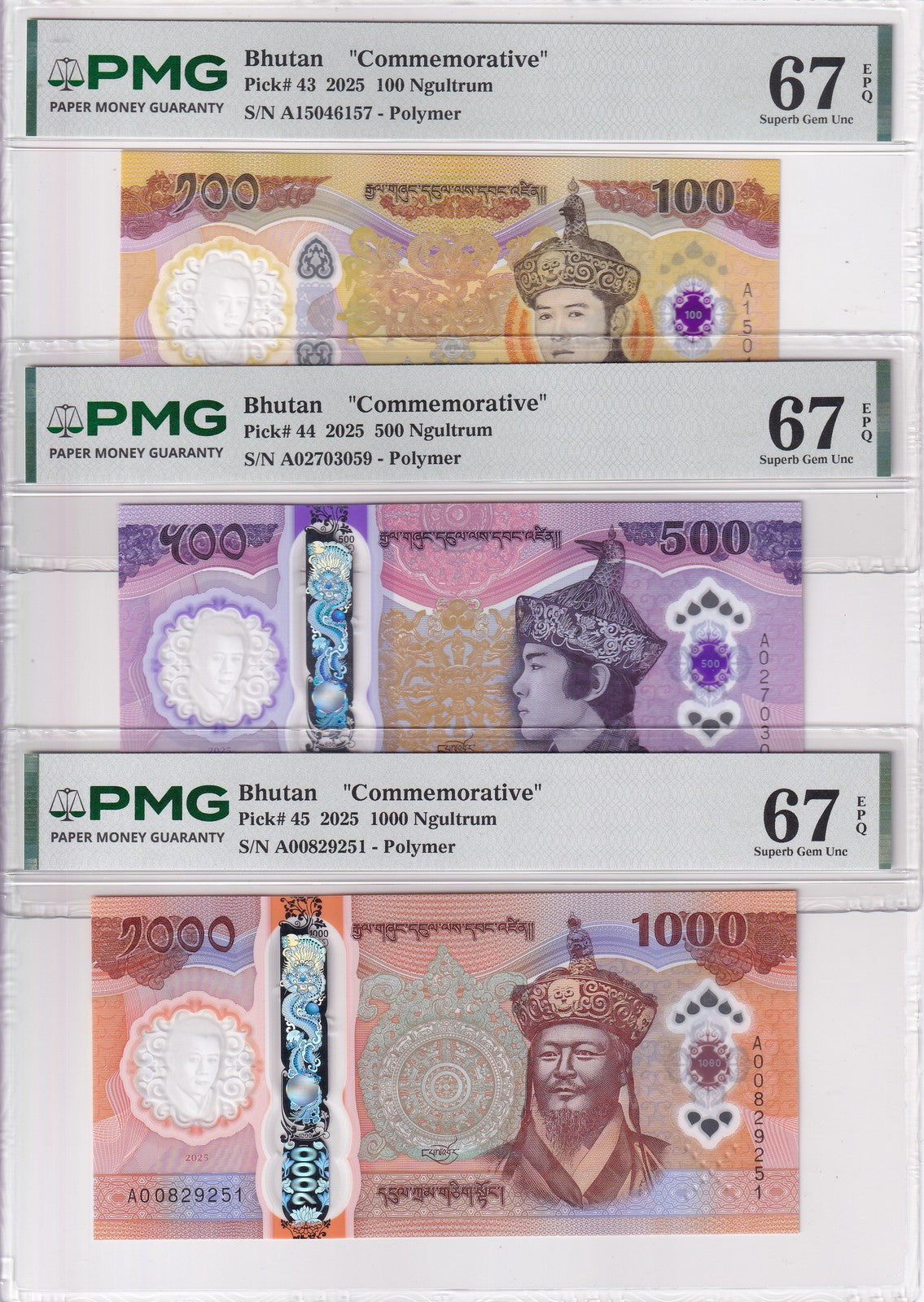 Bhutan Set 3;100 500 1000 Ngultrum 2025 P 43 P 44 P 45 Superb Gem UNC PMG 67 EPQ
