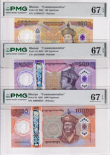 Bhutan Set 3;100 500 1000 Ngultrum 2025 P 43 P 44 P 45 Superb Gem UNC PMG 67 EPQ
