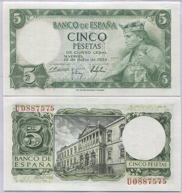 Spain 5 Pesetas 1954 P 146 a UNC