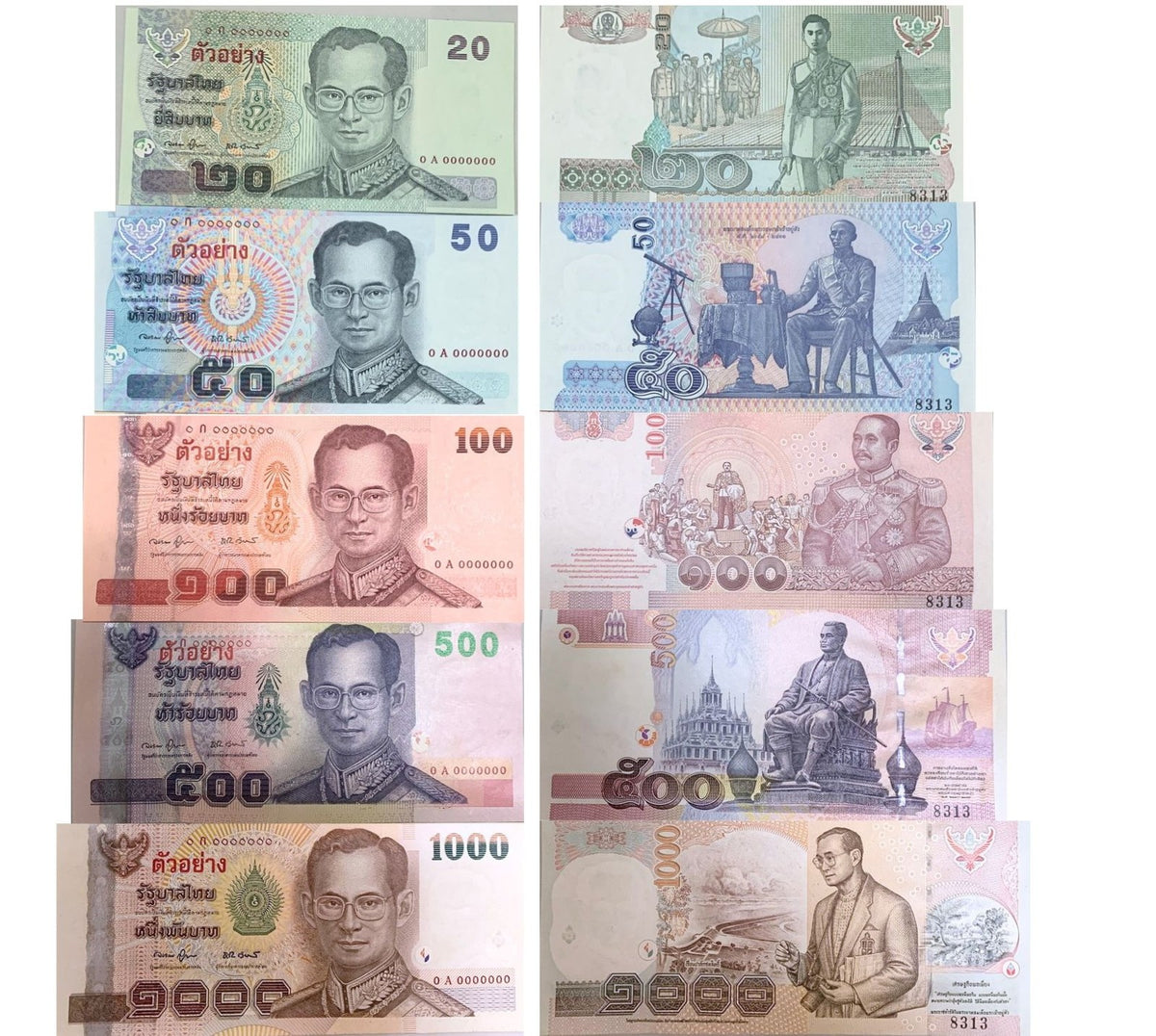 Thailand SPECIMEN SET 5 AU-UNC Little Tone 20-100 500 1000 Baht P 107 - 115