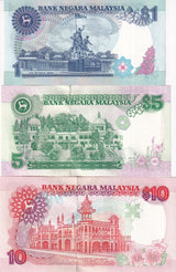 Malaysia Set 3 Pcs 1 5 10 Ringgit ND 1987-1989 P 27b 28c 29 UNC