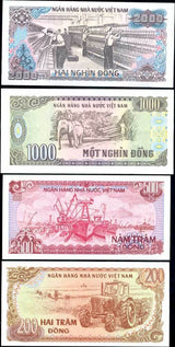 Vietnam Set 4 Pcs 200 500 1000 2000 Dong 1987 1988 P 100 101 106 107 UNC