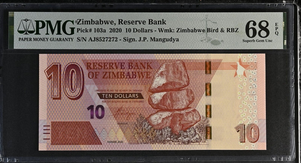 Zimbabwe 10 Dollars 2020 P 103 a Superb Gem PMG 68 EPQ