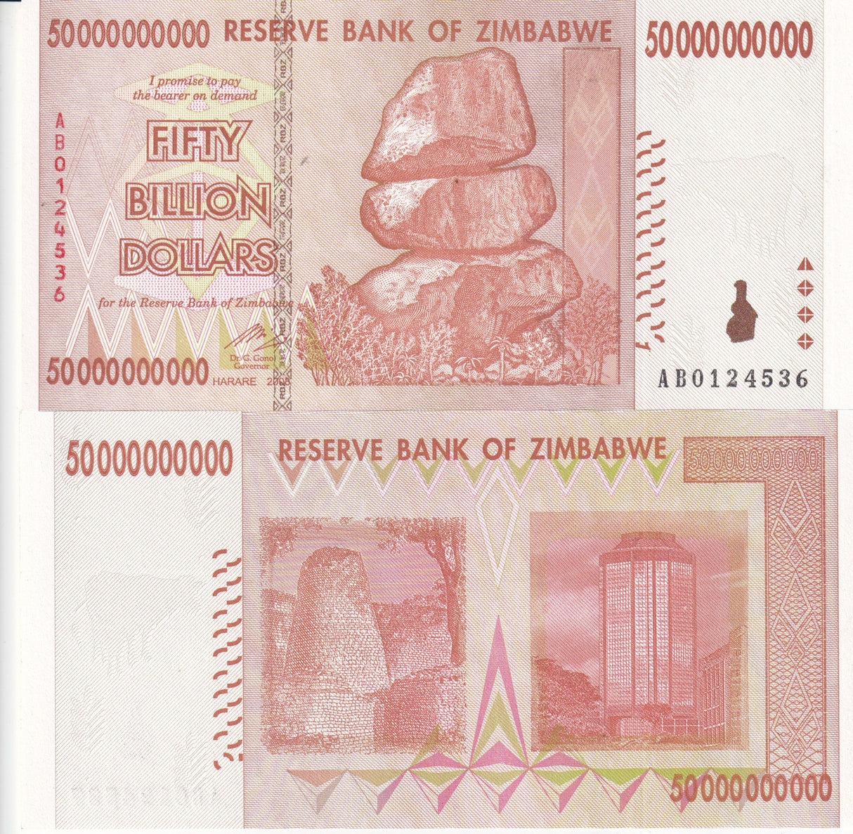 Zimbabwe 50 Billion Dollars 2008 P 87 UNC Chiremba balancing rock
